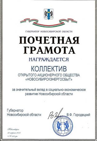 Новосибирскэнергосбыт получил почетную грамоту Губернатора Новосибирской области